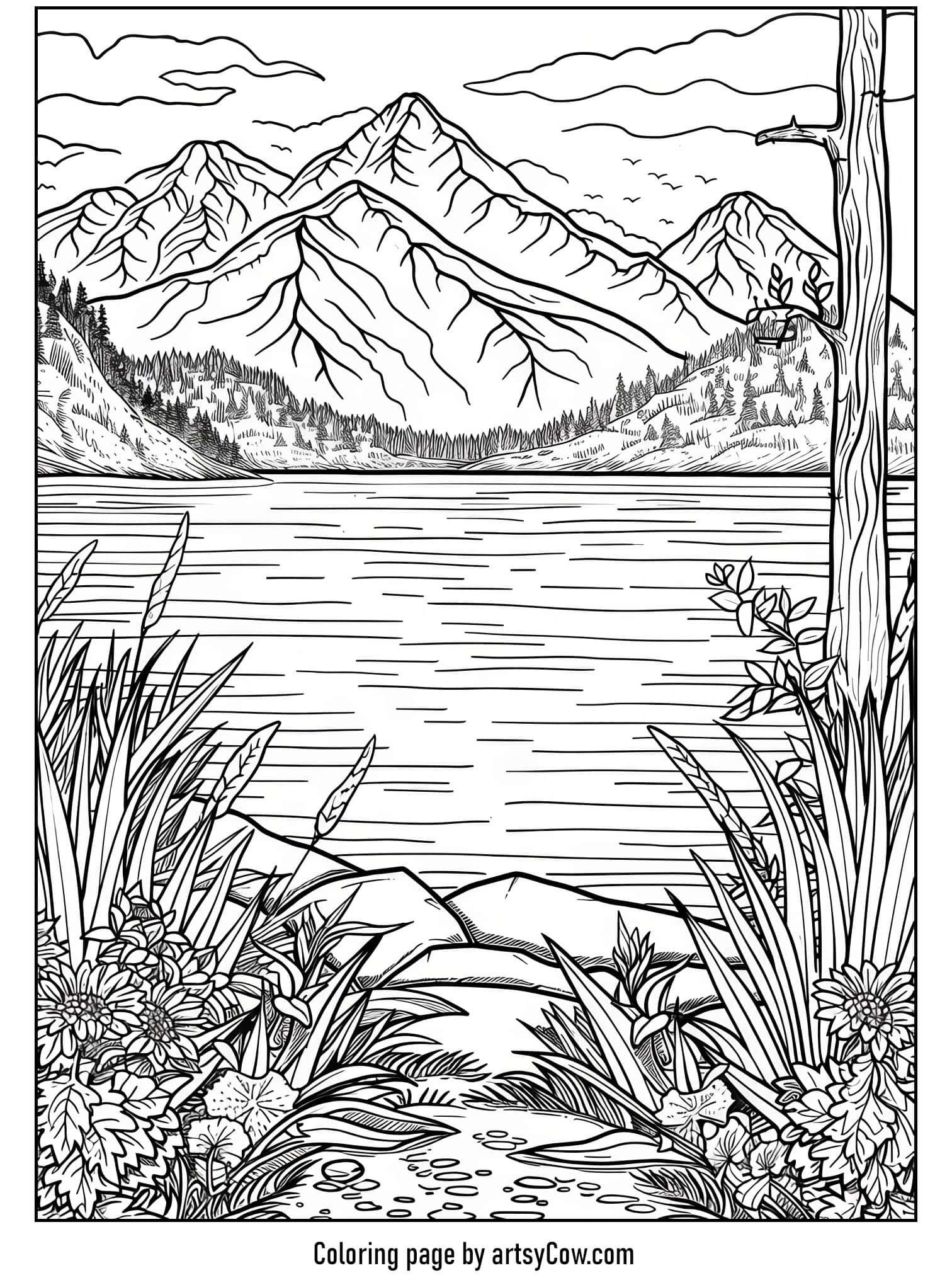 a serene mountain landscape with a lake, beautifully detailed flora, and distant peaks